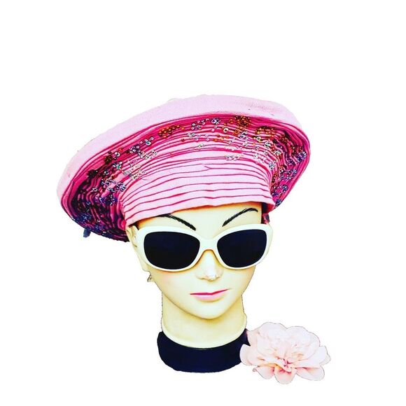 Aso-Oke African Headtie Auto Gele, Pink Stoned Ready Made Gele Fabric - Picture 1 of 1